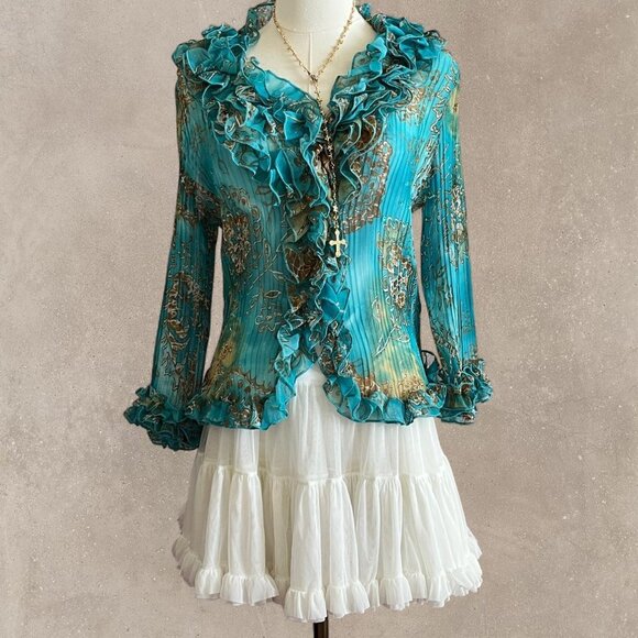 Vintage/Mermaidcore Jaipur Blue Floral Ruffled Blouse - Picture 1 of 8